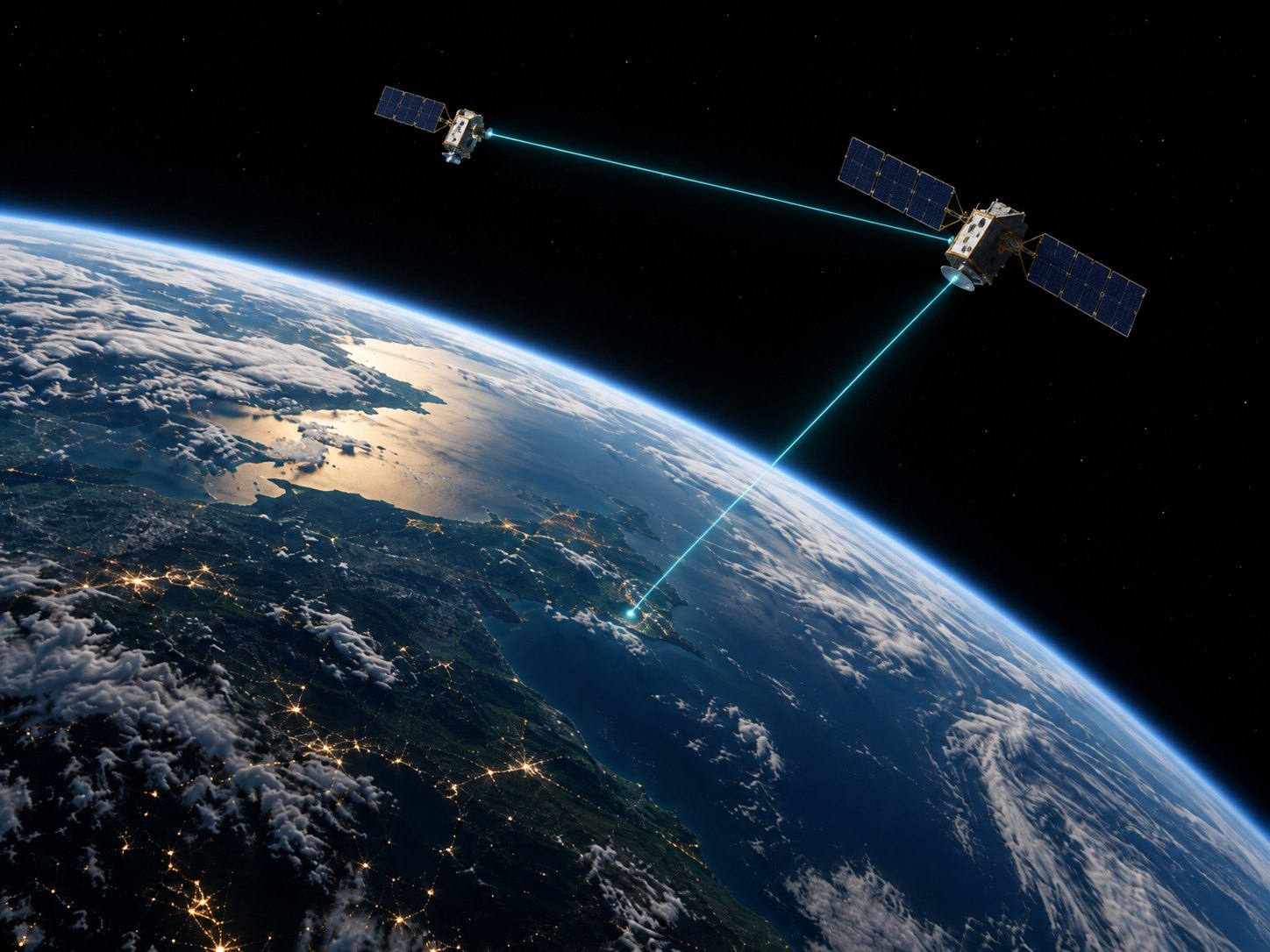 Illustration: an observing satellite sends data over a crosslink to a relay spacecraft, which beams it down to a ground station